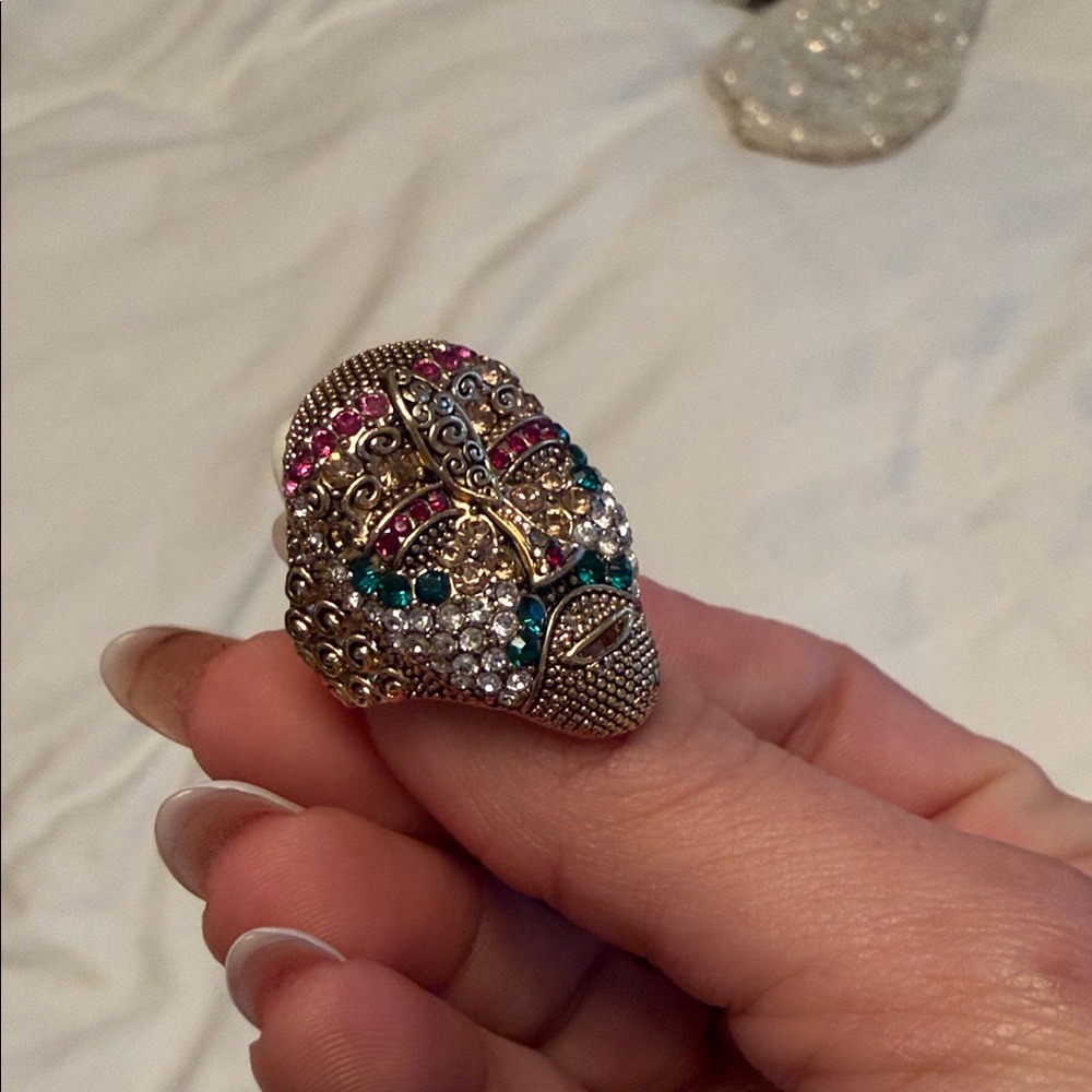 Gem Face Multicolor Rhinestone Statement Ring Gold Tone Size 6.5
